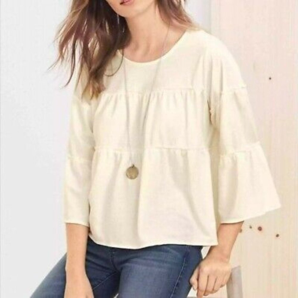 New Garnet Hill Organic Cotton Tiered 3/4 Sleeve Knit Top Cream Size L
